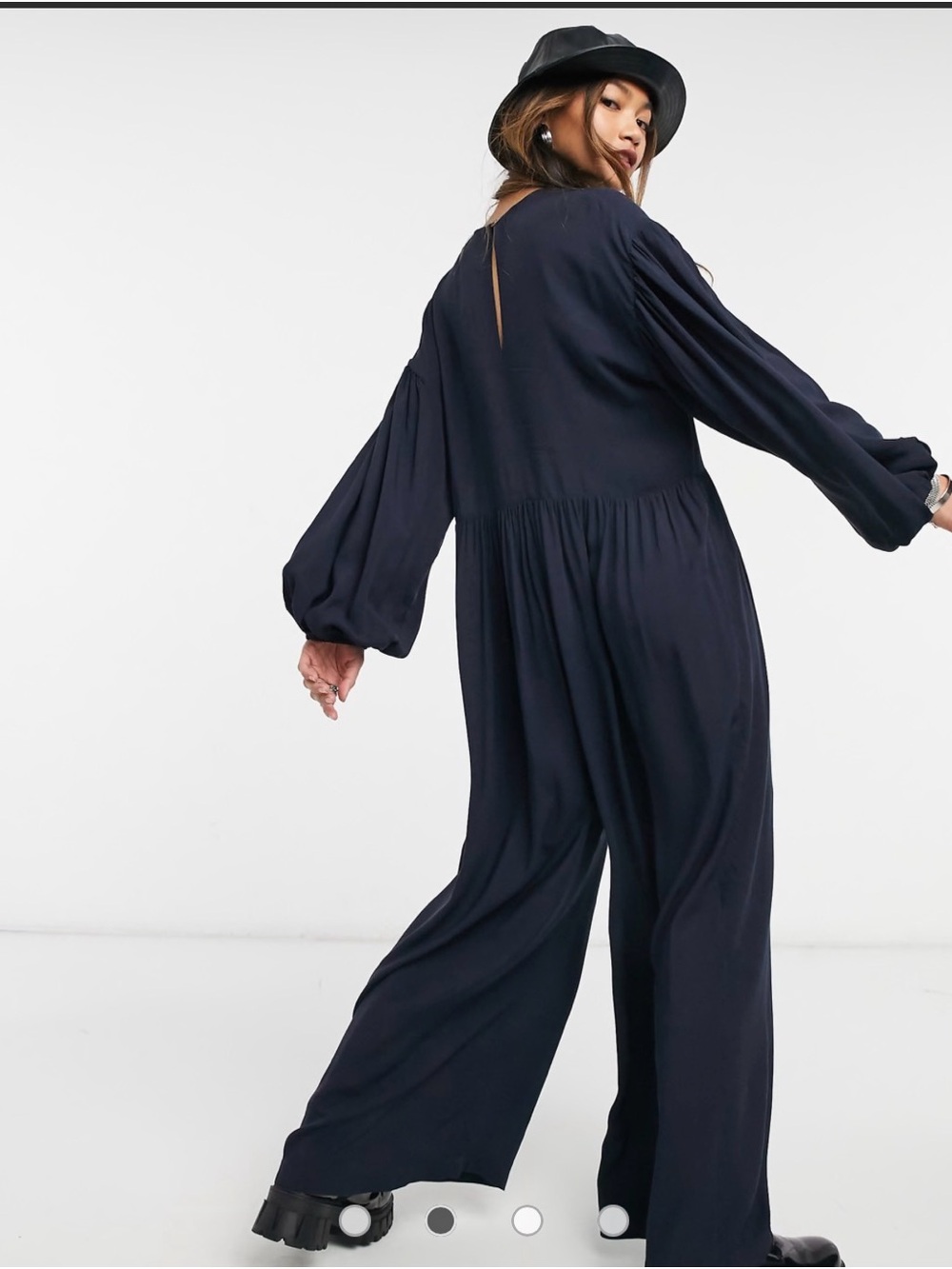 ASOS DESIGN wrap smock jumpsuit with button in navy Sz 0 Voluminous Long Sleeve